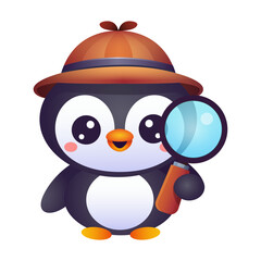 Cartoon detective penguin mascot with magnifying glass and brown hat. Linux operating system mascot ideal for problem-solving, searching, finding solutions, security, and data protection
