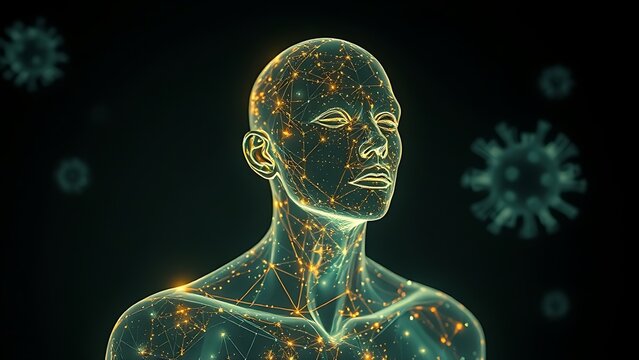 A surreal glowing figure with translucent skin revealing inner constellations, symbolizing post-viral mysteries.