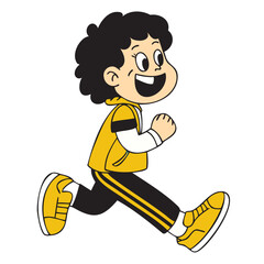 Smiling boy runs confidently wearing sporty yellow outfit and shoes