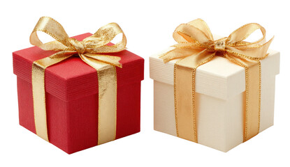 Two gift boxes in red and white with golden ribbons and bows for celebrations isolated on transparent background