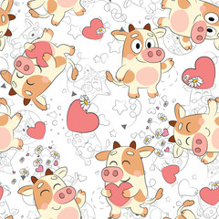 Cute cows in love seamless pattern with coloring outlines