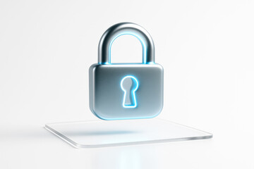 digital padlock icon illuminating with blue light representing a strong online security system data encryption and privacy in the corporate technology world
