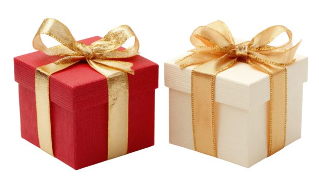 Two gift boxes in red and white with golden ribbons and bows for celebrations isolated on transparent background - Powered by Adobe