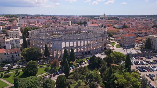 Drone video of Arena (Amphitheatre) Pula in Croatia