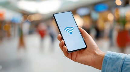 Hand holding smartphone with Wi-Fi signal icon on screen in public indoor space.