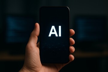 Hand holds a phone in a dark room, screen glowing with "AI" text. Concept of mobile tech and machine intelligence. For tech blog header
