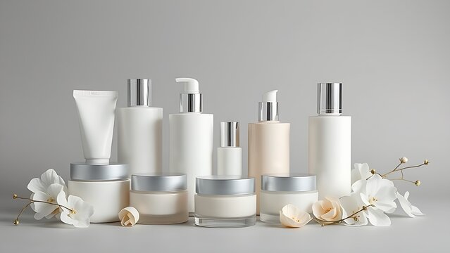Minimalist skincare products arranged on grey background, wellness and self-care concept.