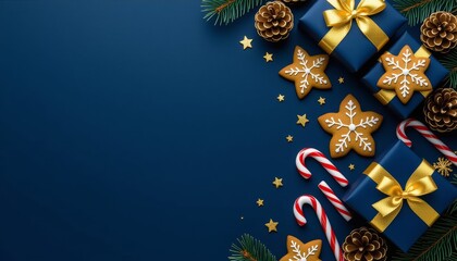 Festive holiday flat lay with elegant Christmas gifts, gingerbread cookies, and pine cones on a dark blue background