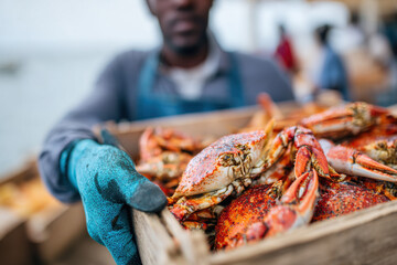 Fisherman selling fresh seafood at harbor market
