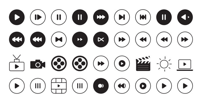 Large collection of black and white media player icons with play pause rewind fast forward and volume symbols