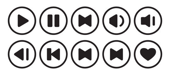 Set of ten black and white media player icons with play pause rewind fast forward volume and heart symbols