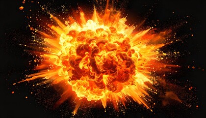 A vibrant orange and yellow explosion bursts forth against a stark black background