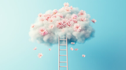 Positive thinking mind, creating an optimistic future of success and opportunity, climbing up a ladder to reach a cloud of flowers