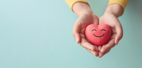 Valentine heart with a happy smiling face, mental health concept, positive thinking mind and attitude, support and self esteem, love and emotion