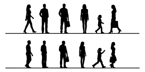 Two rows of silhouetted figures isolated on white background