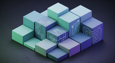 Conceptual 3d Blocks with Circuit Board Pattern Symbolizing Integrated Digital System Representing Data Processing and Technology Interconnectivity