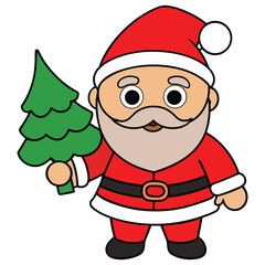  Cute Cartoon Santa Claus with Gray Beard Holding a Small Green Christmas Tree