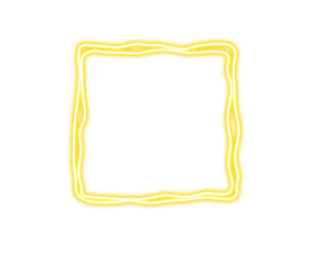 Bright yellow glowing neon square frame with wavy lines for design on transparent background