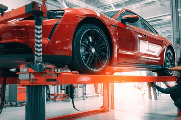 Car repair shop station with soft focus and over light in the background. Vehicle on a lift for fixing the chassis, automatic transmission and engine in the auto garage. Car body workshop concept.