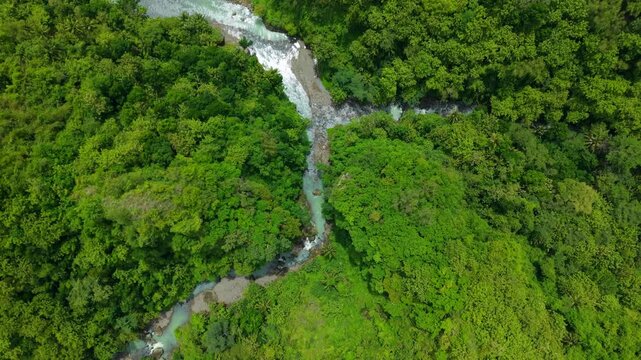 Aerial view of the dam and river cutting through the vibrant green landscape, contrasting with the flowing water, Kulonprogo, Special Region of Yogyakarta, Indonesia.