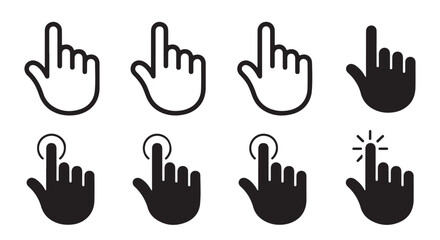 Obraz premium Collection of eight hand cursor icons, pointer click symbols with index finger pressing button, on white background