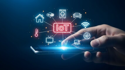 Hand of caucasian man touching smartphone with iot hologram around. Smart home technology concept for future automation and internet of things.