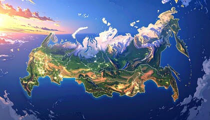 Russia country-shaped landmass floats above the ocean, painted with green forests, mountains and cities under sky