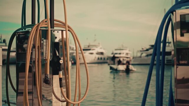 Various hoses coloured in yellow, green, and blue, hang beside modern marina fuel pumps, boat at the fuel station