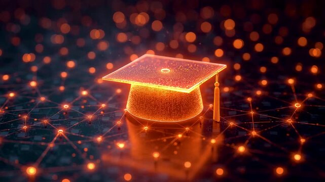 Glowing orange graduation cap hologram above digital surface surrounded by particle network
