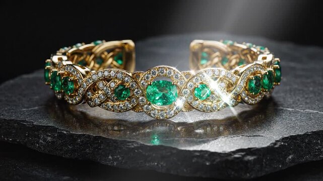 Golden bracelet with emerald and diamond gemstones on dark stone background