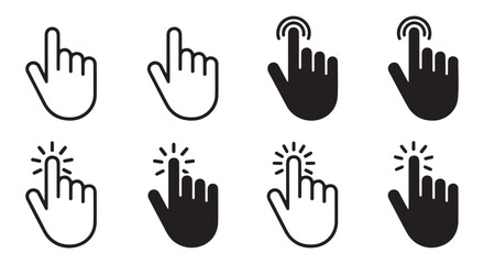 Fototapeta premium Assortment of eight hand cursor icons, pointer click symbols with index finger pressing, isolated on white backdrop