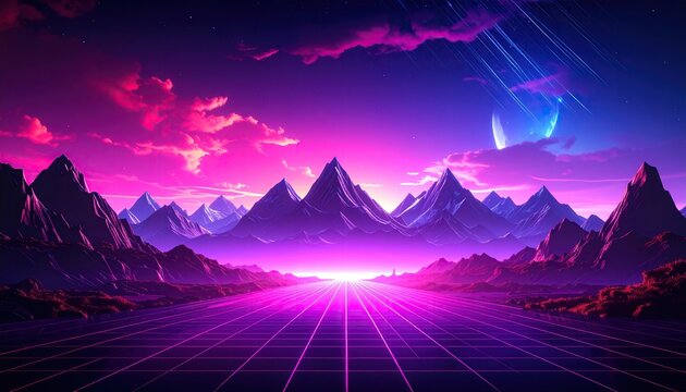 Synthwave retro cyberpunk style landscape background banner or wallpaper - Powered by Adobe