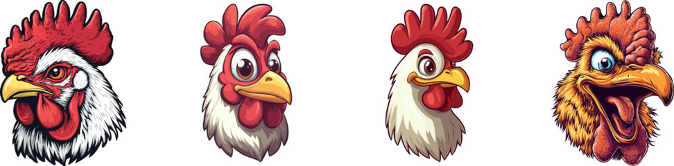 An angry rooster head is illustrated in modern clip art style against a dark circular background, incorporating simple gradients, and is composed of a single layer