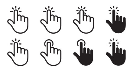 Diversity of eight hand cursor icons, pointer click symbols with index finger pressing button, on white background