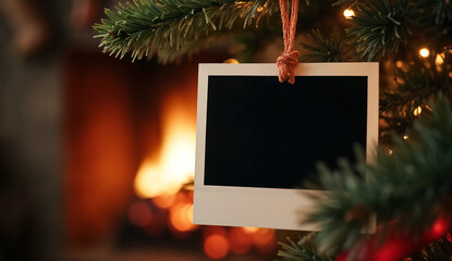 Blank black polaroid hanging on Christmas tree with fireplace background