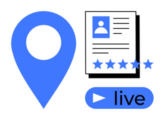 Blue location pin, profile card with photo and star rating, live button icon for rating systems, online presence, identity verification. Ideal for user profiles, reviews, navigation, live streaming
