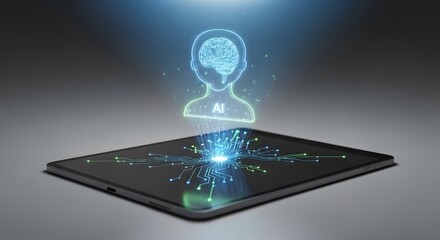 Tablet computer displaying artificial intelligence brain concept. Emerging AI technology for machine learning and digital innovation. Data processing.