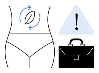 Body care, healthcare risks, professional tools, wellness awareness, anatomy concepts, safety. Abstract female body outline, warning triangle and briefcase illustration. Body care and healthcare