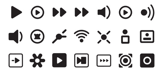 Set of basic media player icon, black multimedia signs for web and apps isolated on white background