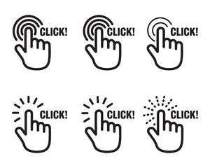 Set of click icons with hand cursor and text in various styles indicating an action or interaction