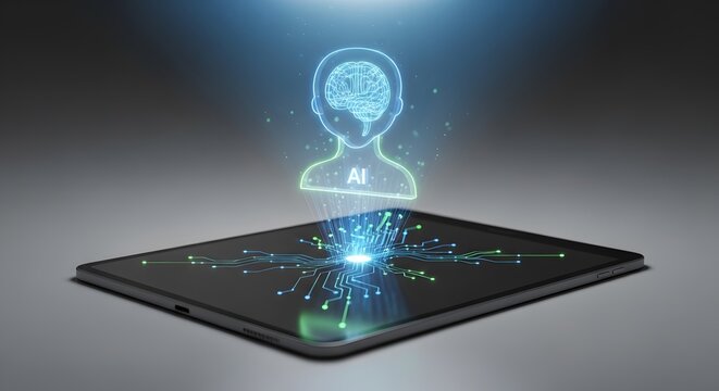 Tablet computer displaying artificial intelligence brain concept. Emerging AI technology for machine learning and digital innovation. Data processing. - Powered by Adobe