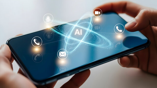 Man holding smartphone with AI text and communication icons. Artificial intelligence concept for mobile application and digital technology. - Powered by Adobe
