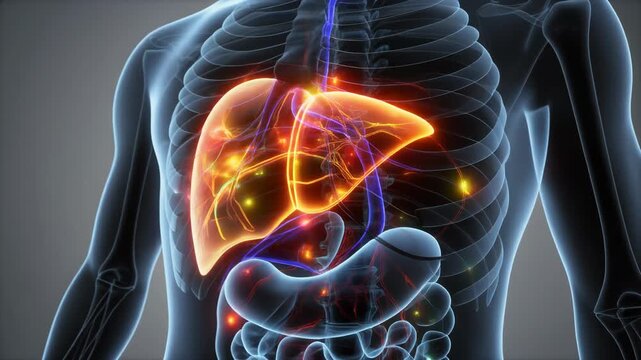 Anatomical 3D animation of the human liver in transparent body showing its internal structure with glowing vessels and blood flow illustrating vital organ function and health