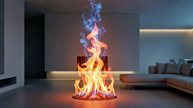 Futuristic Holographic Fireplace Projecting Animated Flame Patterns Digital Technology - Powered by Adobe