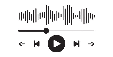 Simplified audio player interface featuring sound wave, progress bar, and essential navigation buttons