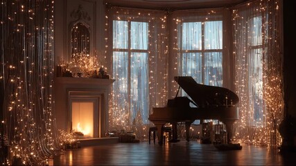 Grand piano sits in a warmly lit room with lights and a cozy fireplace creating a special atmosphere for music in an elegant setting during the evening hours