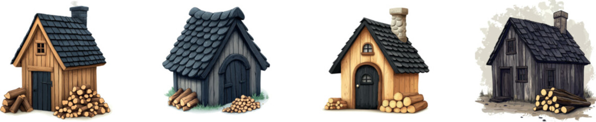 An aerial view of a cartoon wood cabin is presented in clip art form, characterized by modern illustration techniques, simple gradients, and the separation of cabin and logs into individual layers