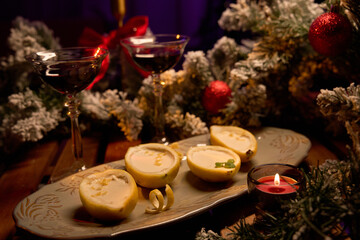 Lemon Posset Dessert with Red Wine in Christmas Setting