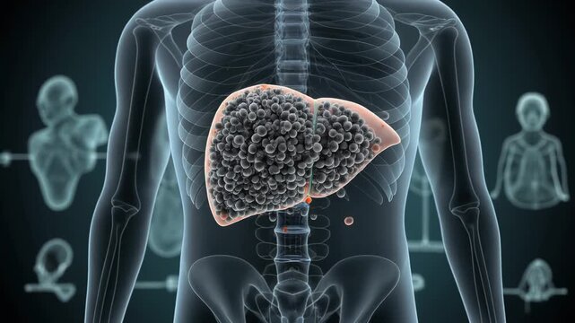 Progressive visualization of liver disease progression showing healthy liver turning into a diseased organ filled with numerous red spheres representing lesions or tumors, anatomical medical concept