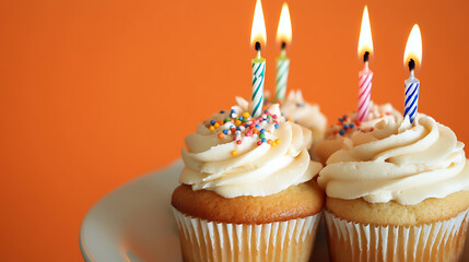 Delicious cupcakes with lit candles, perfect for birthday celebrations and sweet treats. These sweet, flavorful cupcakes are ideal for special occasions or gatherings.